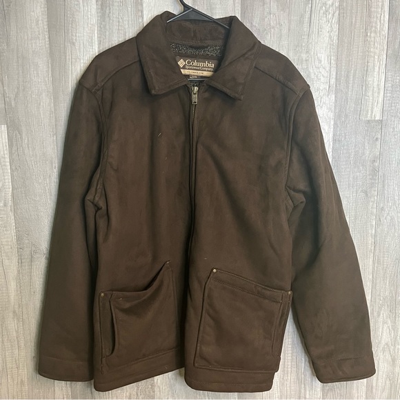 Columbia Brown Faux Suede Fleece Lined Zip Bomber‎ Jacket Mens Size Large - Picture 1 of 6